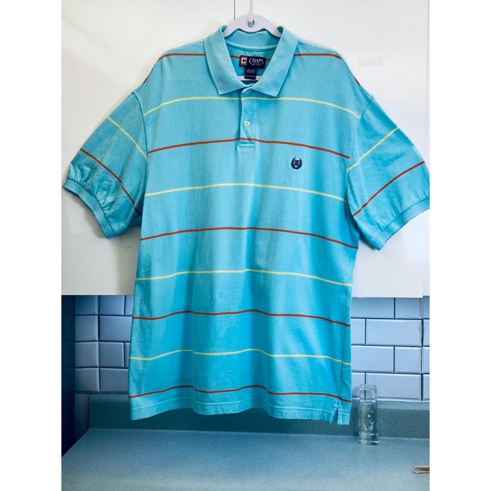 Chaps Mens XXL Blue Striped Short Sleeve Cotton Pique Polo Shirt Logo Crest